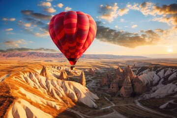 Valentine Days hot air balloon over region country. Beautiful red air balloon heart shape against blue and pink pastel sky in a sunny bright morning. Foggy mountains in the background. Romantic trip