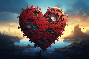 Red heart from puzzle pieces, isolated on sky  background. Symbol of love. Vector Valentines Day,...