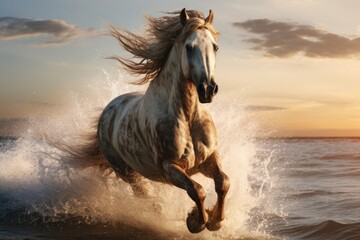 Beautiful horse galloping on the beach at sunset