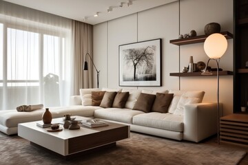 Fototapeta na wymiar Classic rustic living room: A classic rustic living room is part of a series on interior design that focuses on creating a traditional and charming space with a touch of rustic elements.