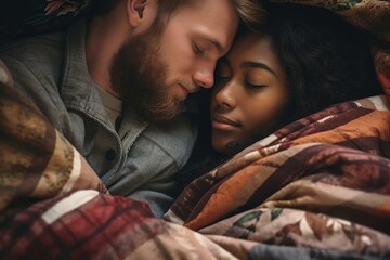 Multiethnic couple .  reason for my happiness. Cropped shot of a happy young couple lying in bed together. - obrazy, fototapety, plakaty