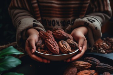 Young person holding a handful of beans cacao .  - obrazy, fototapety, plakaty