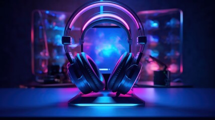 headphones on a stand with neon lighting - obrazy, fototapety, plakaty
