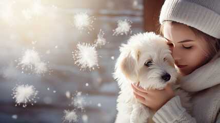a woman holds a dog in her arms. dog allergy concept