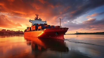 Container ship on ocean, Business logistic import - export transport front view in sunset