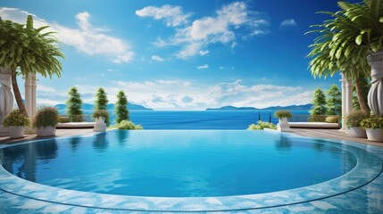Fototapeta na wymiar Luxury swimming pool and blue water at the resort with beautiful sea view.
