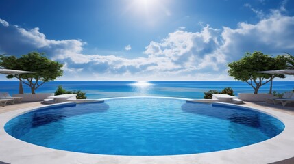 Luxury swimming pool and blue water at the resort with beautiful sea view.