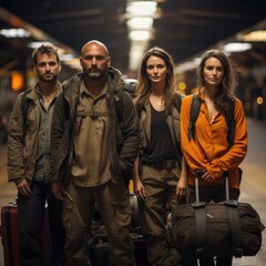 a diverse group of travelers, each holding their suitcase