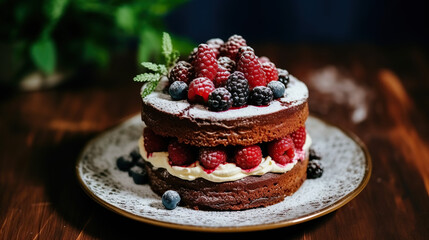 Obraz na płótnie Canvas Beautiful Berry Chocolate Cake, Closeup