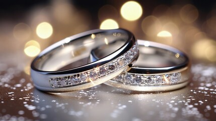 Obraz na płótnie Canvas pair of platinum wedding rings. Glitter background