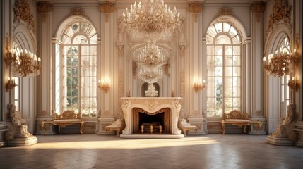 Luxurious vintage interior with fireplace in the aristocratic style. Large Windows and mirrors. Columns and arches, ornament on the glossy floor - obrazy, fototapety, plakaty