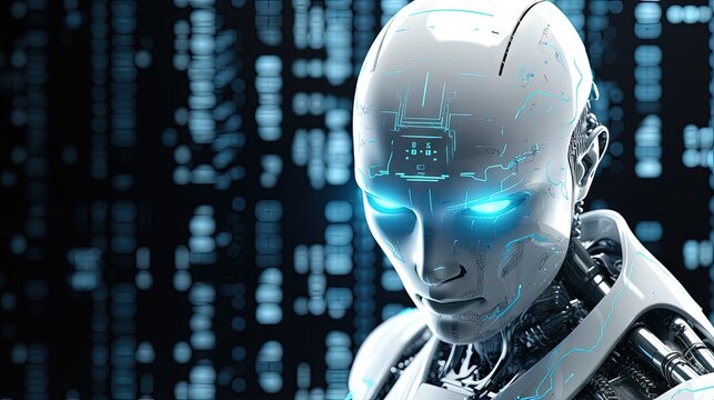 Detailed appearance of the white AI robot in shadow under matrix code background with the blue digital symbols. Dangerous criminal concept image. 3D CG. 3D illustration. 3D high quality rendering.