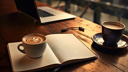 E-learning concept with a cup of coffee and a notebook - obrazy, fototapety, plakaty