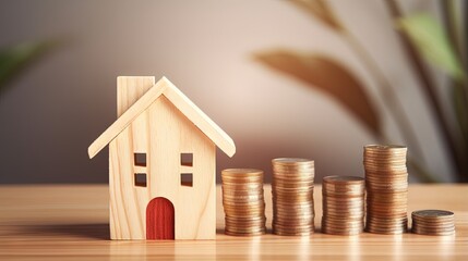 House and property investment and asset management concept. Loan, Mortgage, Inflation, Sale and tax rise. House icon and percentage sign on wooden block. Home price or increase of interest rate.