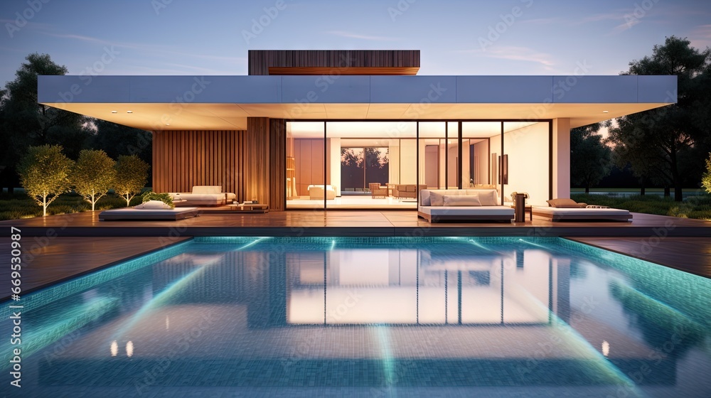 Poster Architecture 3d rendering illustration of minimal modern house with a swimming pool