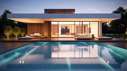 Architecture 3d rendering illustration of minimal modern house with a swimming pool