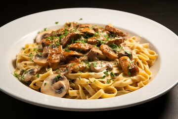 A pan-cooked pasta dish featuring mushrooms and sauce. Generative AI