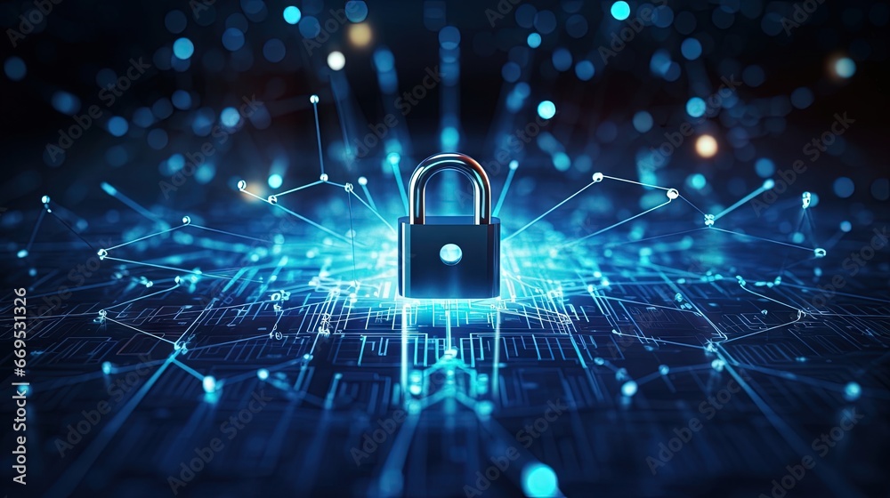 Leinwandbilder Cybersecurity data protection technology concept and internet network connection. A connected polygon light on the right with binary code and a small icon on a dark blue background.