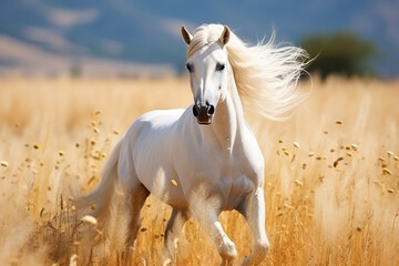 Beautiful white stallion with long mane running in the field