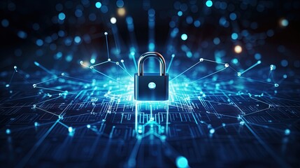 Cybersecurity data protection technology concept and internet network connection. A connected polygon light on the right with binary code and a small icon on a dark blue background.