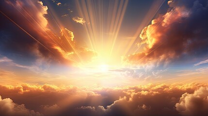 Divine glow through the clouds of the evening warm sun. Concept of peace and happiness.