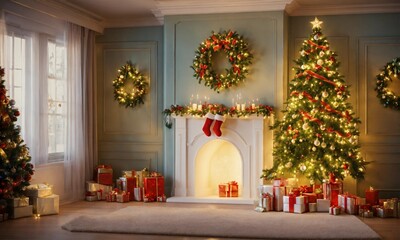 christmas, tree, elegant, interior, house, garland, gift, light, window, sofa, merry, star, garlands, gifts, lights, lounge, salon, gold, golden, red, green, yellow, snow, curtain, happy, celebration