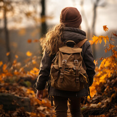 A young girl with a backpack walking in the forest, among the autumn foliage, rear view. Golden leaves and a misty forest atmosphere