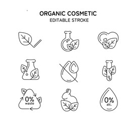 Organic cosmetic icons set.  Editable stroke. Eco friendly cruelty free line badges for beauty products and vegan food. No animal tested, natural icons vector set.  - obrazy, fototapety, plakaty