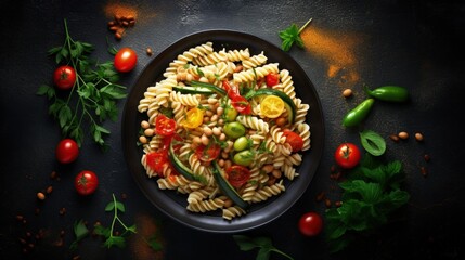 Vegan pasta fusilli with vegetables, zucchini, paprika and grean beans. Top view on stone table.