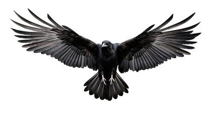 Fototapeta premium Birds flying ravens isolated on white background Corvus corax. Halloween - flying bird. silhouette of a large black bird cut on a white background for graphic design applications