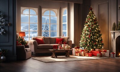 christmas, tree, elegant, interior, house, garland, gift, light, window, sofa, merry, star, garlands, gifts, lights, lounge, salon, gold, golden, red, green, yellow, snow, curtain, happy, celebration