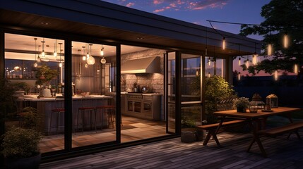 evening patio area with open space kitchen and sliding doors - obrazy, fototapety, plakaty