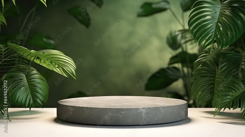 Poster an empty podium made of gray stone on a green background with a shadow of tropical leaves. scene for