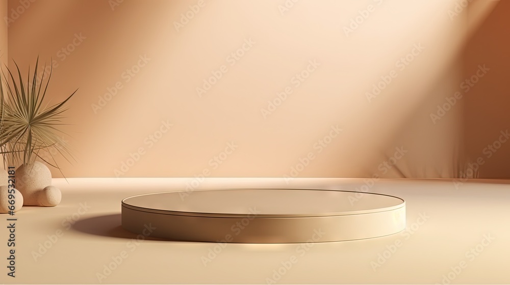 Poster Minimal product display neutral beige color shadows and podium background. 3d rendering abstract aesthetic scene stage showcase.