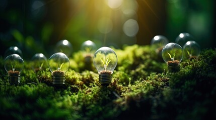 Light bulbs convey the concept of clean energy growth and business growth. Start up business concept, CSR concept - obrazy, fototapety, plakaty
