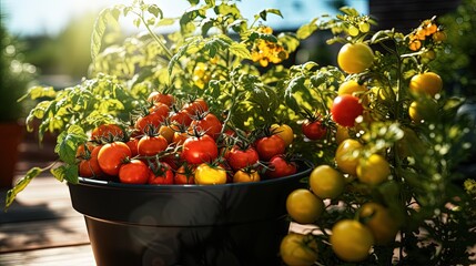 Container vegetables gardening. Vegetable garden on a terrace. Red, orange, yellow, black tomatoes growing in container . - obrazy, fototapety, plakaty