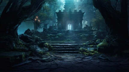 Fantasy stone temple in the forest at night - obrazy, fototapety, plakaty