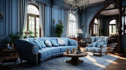 Spacious blue living room designed in old style