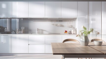 Fototapeta na wymiar Blurred view of modern kitchen with white furniture
