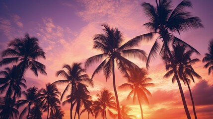 Silhouette Tropical Palm Trees At Sunset - Summer Vacation With Vintage Tone And Bokeh Lights - obrazy, fototapety, plakaty