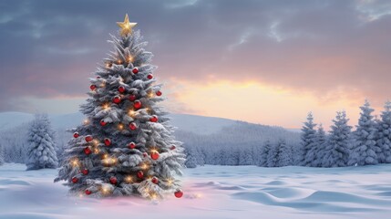 Beautiful decorated snowed in christmas tree in a cold winterlandscape