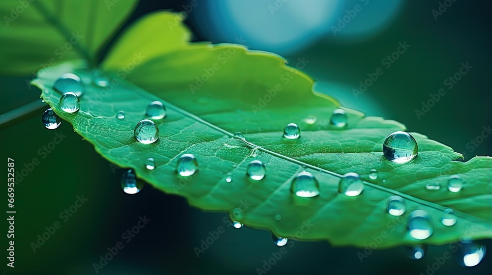 Poster large drop water reflects environment. nature spring photography — raindrops on plant leaf. backgrou