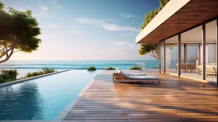 Luxury beach house with sea view swimming pool and terrace in modern design. Empty wooden floor deck at vacation home. 3d illustration of contemporary holiday villa exterior.