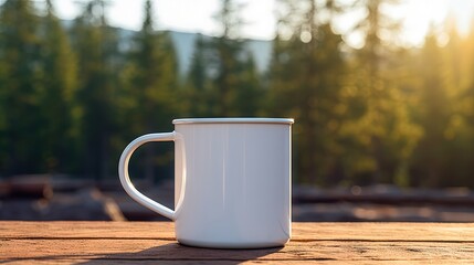 Blank enamel coffee mug, white camping cup mockup in wild nature.