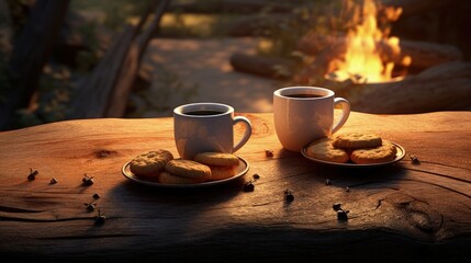 Hot Coffee cups and cookies on wooden desk, near campfire. Morning light.