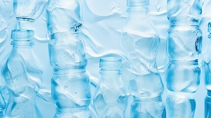 Minimal Pattern from Plastic bottles drinking water at sunlight with shadow on pastel blue, aesthetic top view wide banner. Pollution, environmental protection. Eco trend to reduce disposable plastics