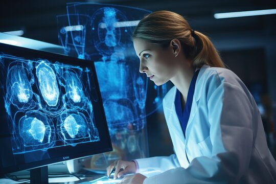 Radiologists interpreting diagnostic images using advanced technology.