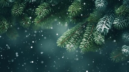Fototapeta na wymiar close up snow-covered fir green branches and snowfall flakes, Christmas banner background