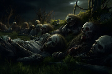 Group of zombies sleeping in open summer meadow at night. Not based on any actual person, scene or pattern. - obrazy, fototapety, plakaty