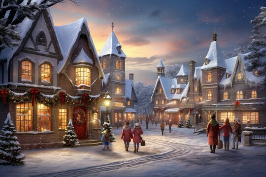 Snowy village square with twinkling lights and children caroling.